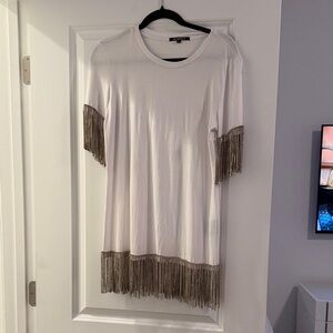 White Jennifer Le Long T-Shirt with Fringe Details